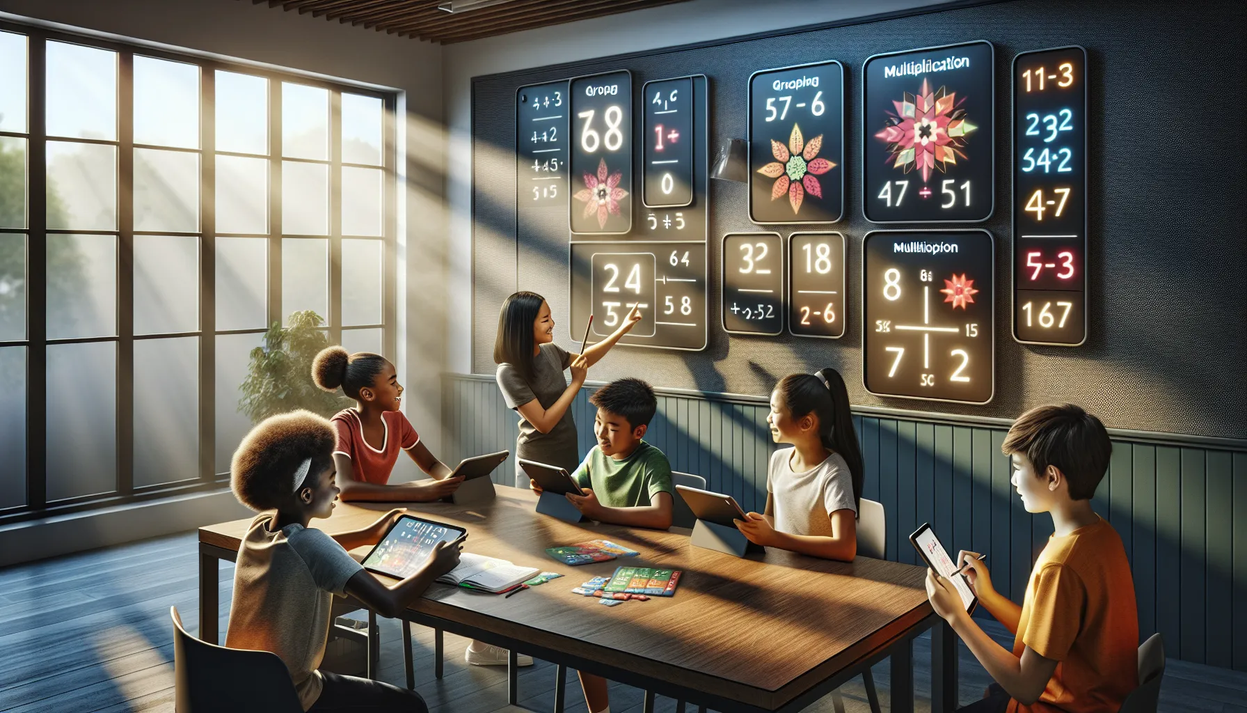 students learning multiplication in a modern classroom.