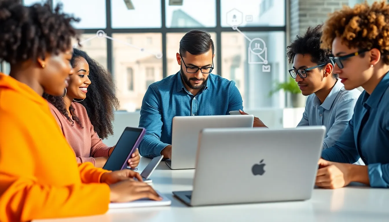 diverse professionals collaborating in a modern workspace using digital tools.