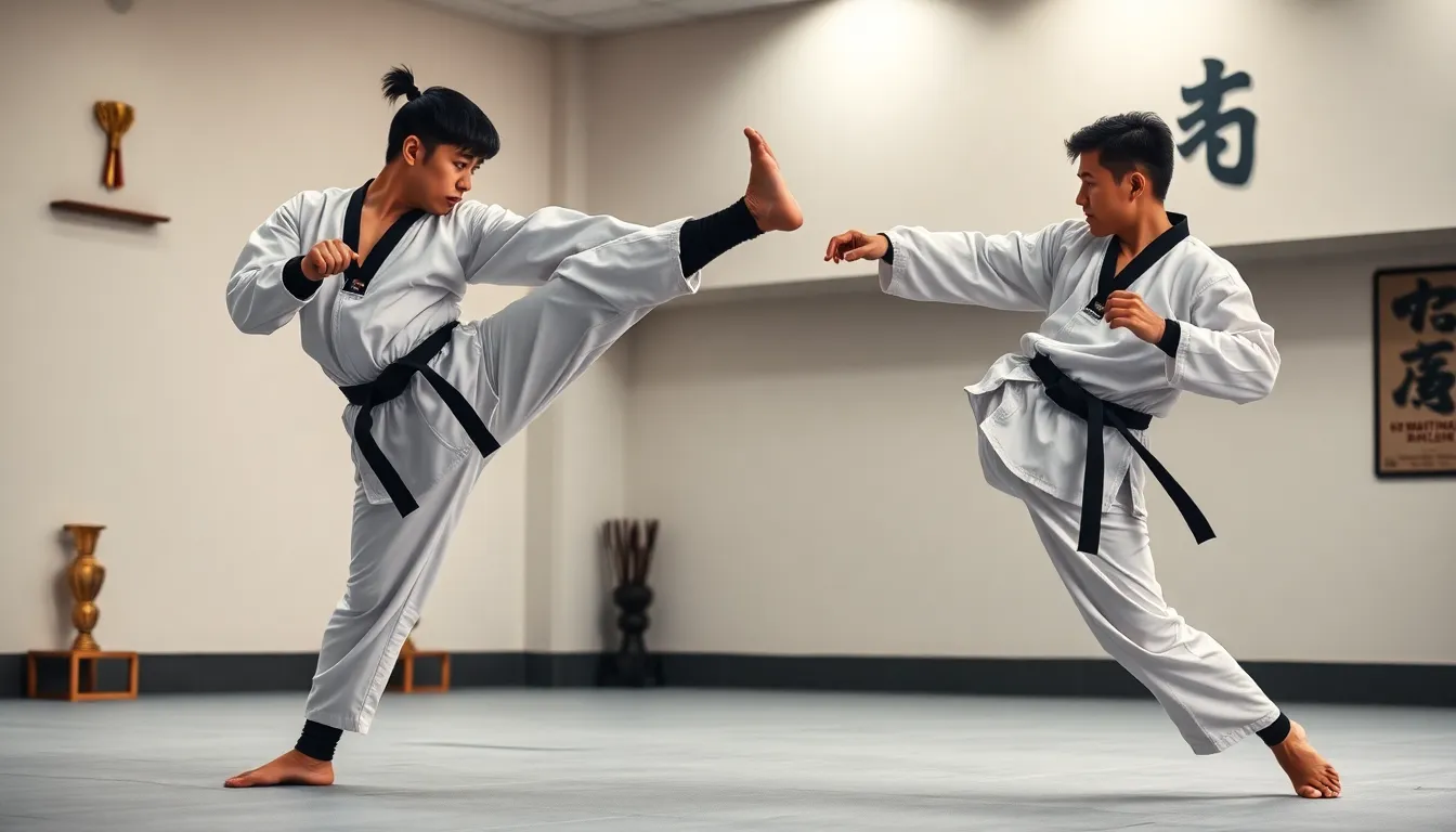 taekwondo practitioners sparring in a modern dojo.