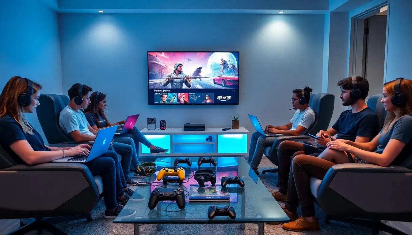 diverse group of friends gaming in a modern living room.