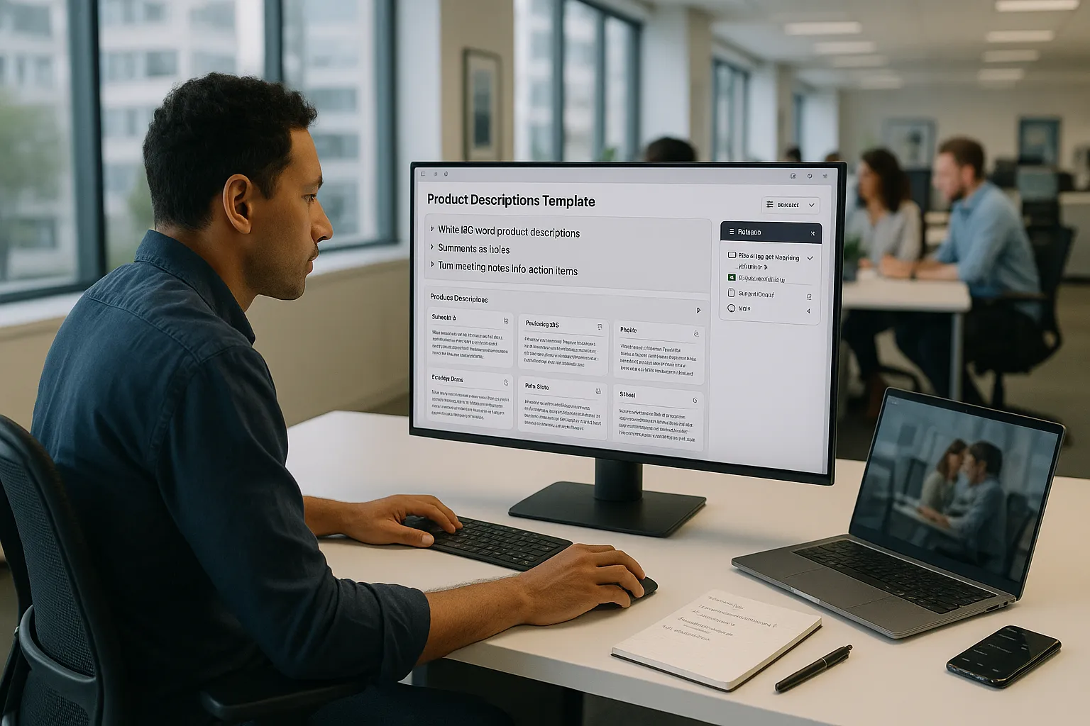 Office worker fine-tuning a Perplexity AI template on a computer for workflow automation.