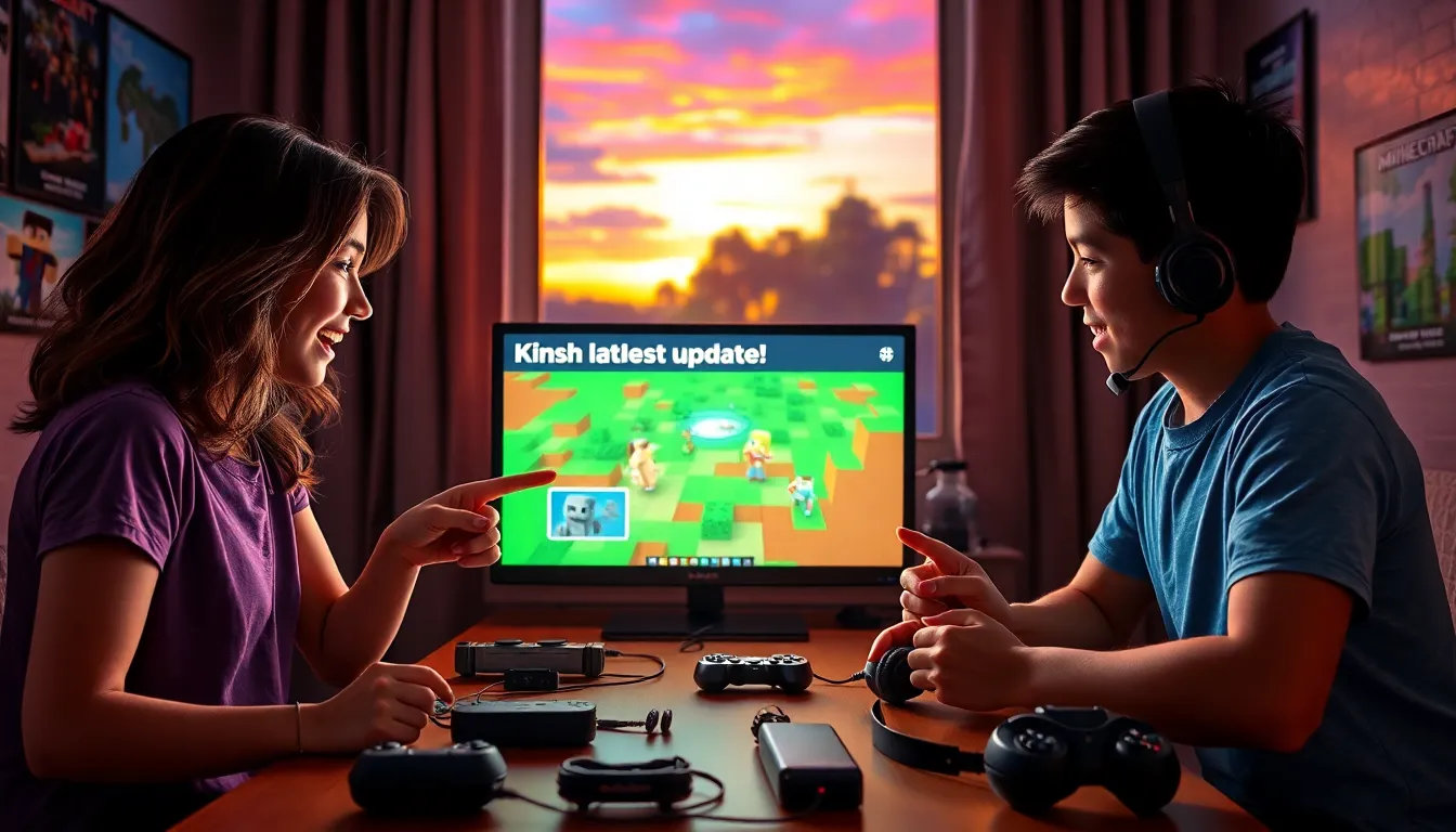 two gamers excitedly discussing the latest Minecraft update on a screen.
