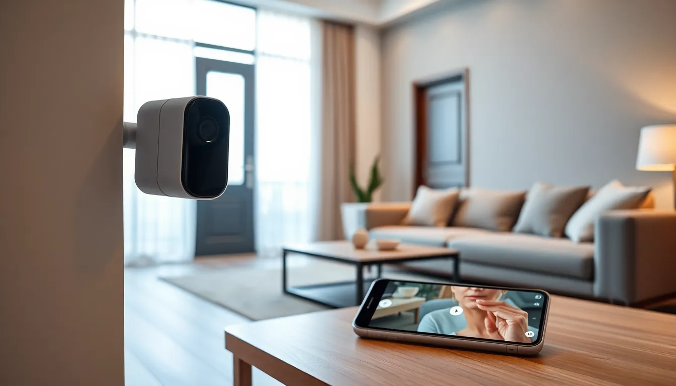 modern living room with IoT home security devices and smartphone notifications.