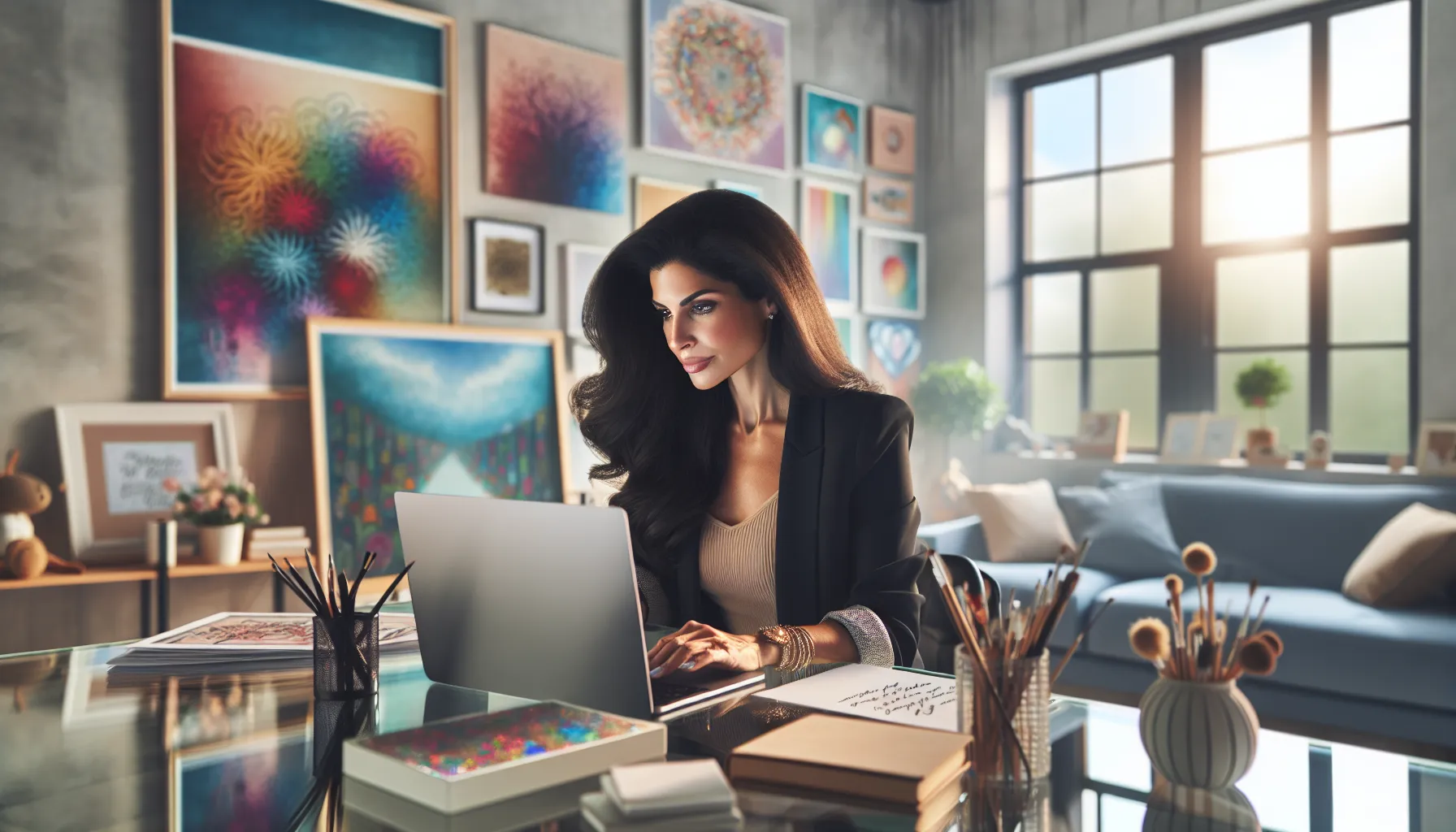 female influencer creating content in a modern workspace.