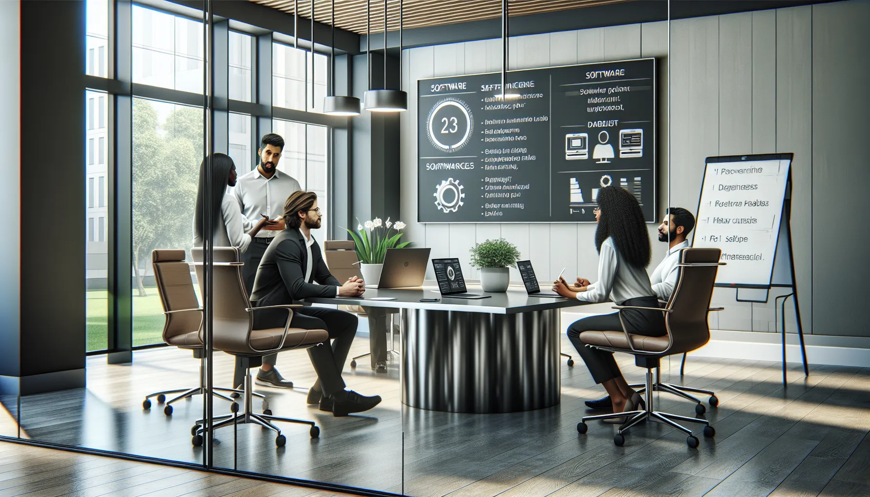 IT professionals discussing preventive measures for software problems in a modern office.