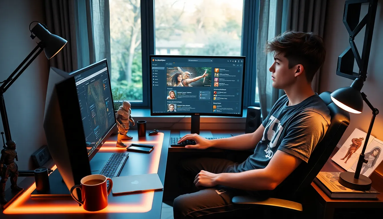 a young man focused on a computer screen with Ck2Generator software.