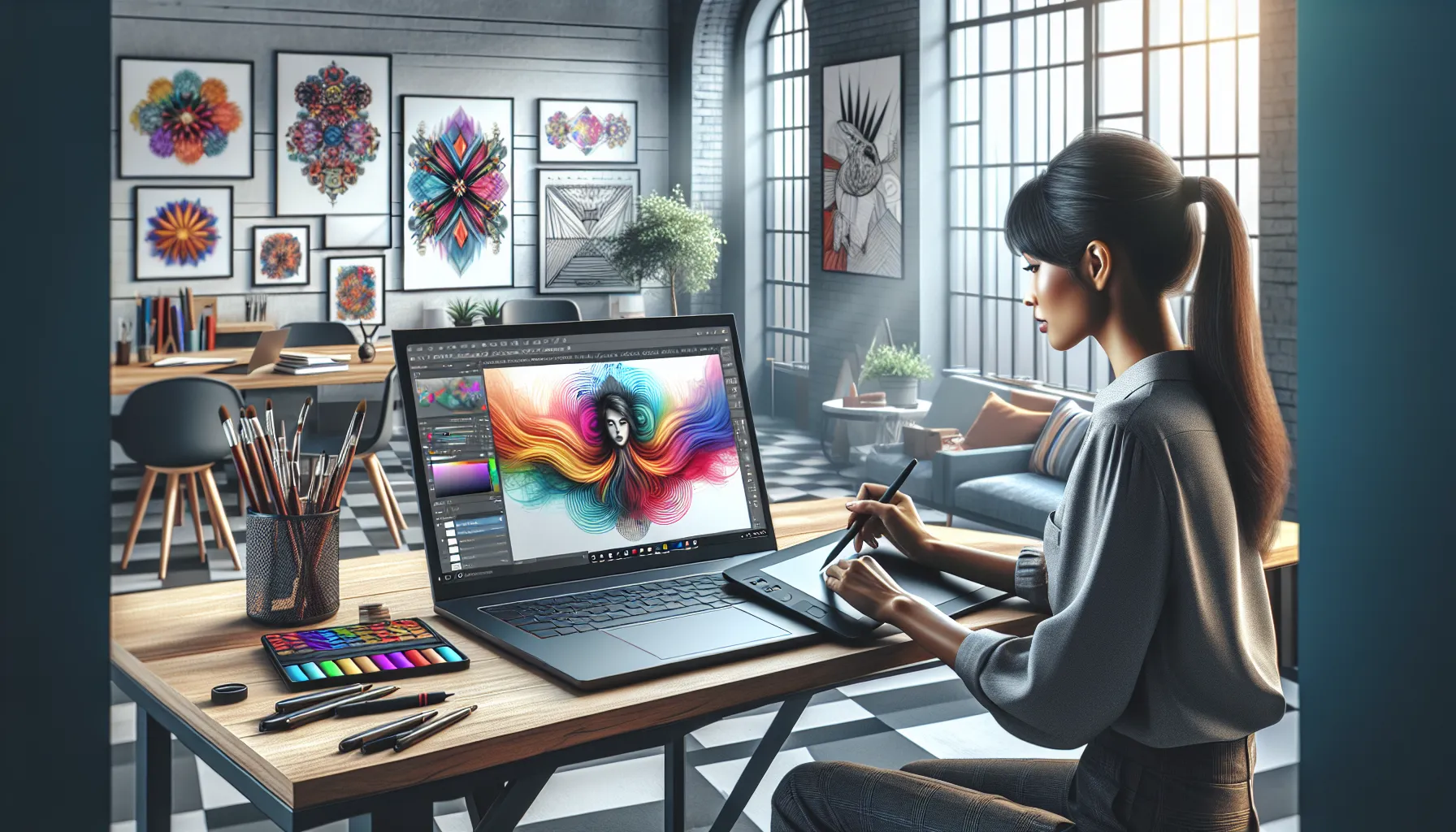 Artist using Draw65536 in a bright, modern workspace.
