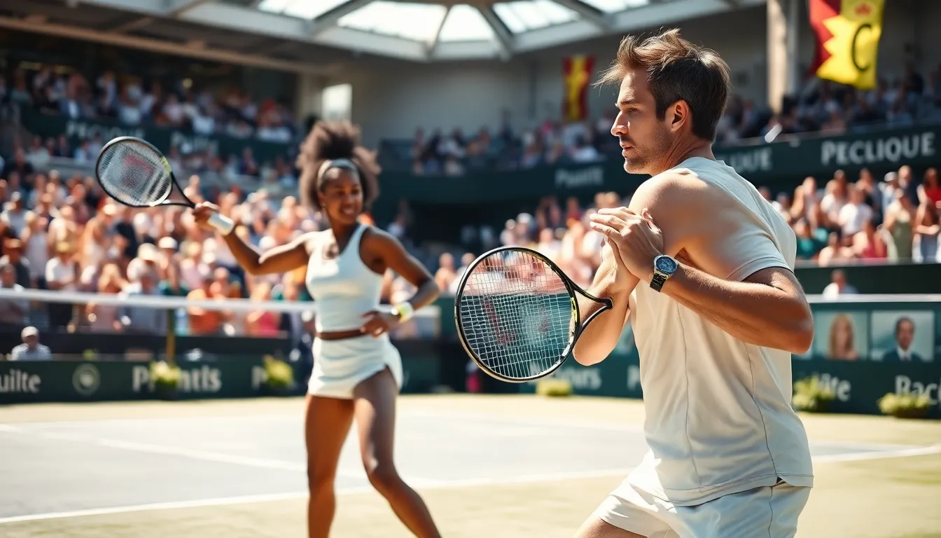 tennis players competing in a thrilling match on a sunny court.