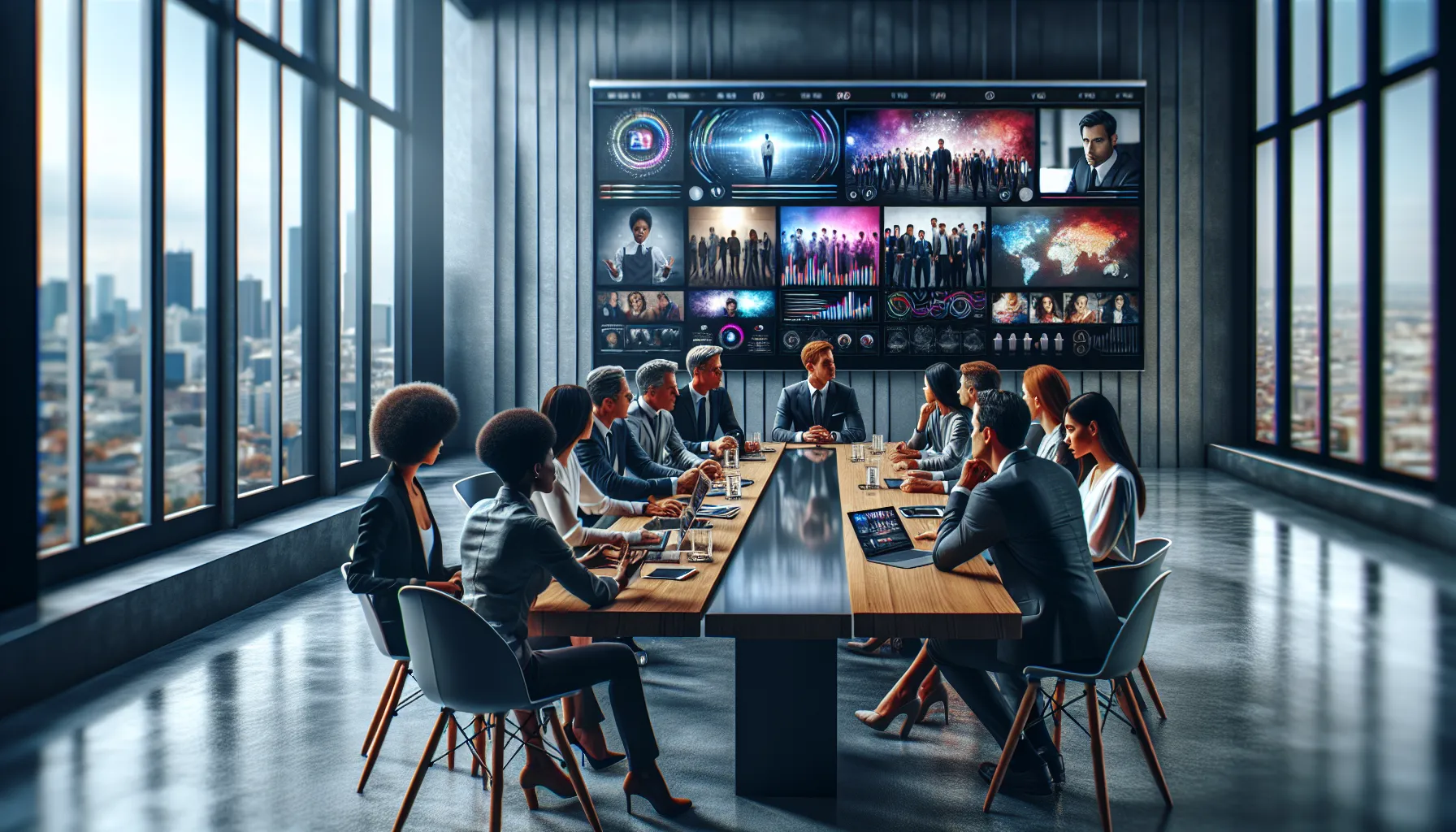 diverse team discussing features of Moviezap.org in a modern office.