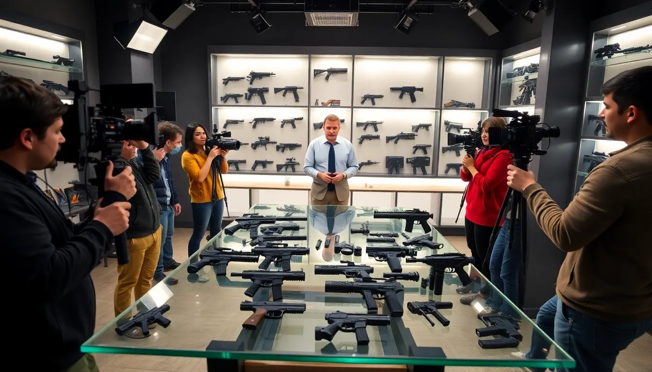 diverse team producing gun reviews in a modern studio.