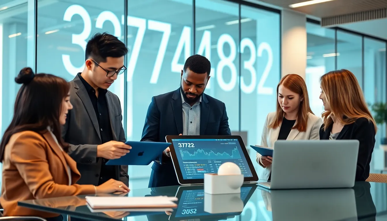 diverse professionals discussing large numerical data in a modern office.