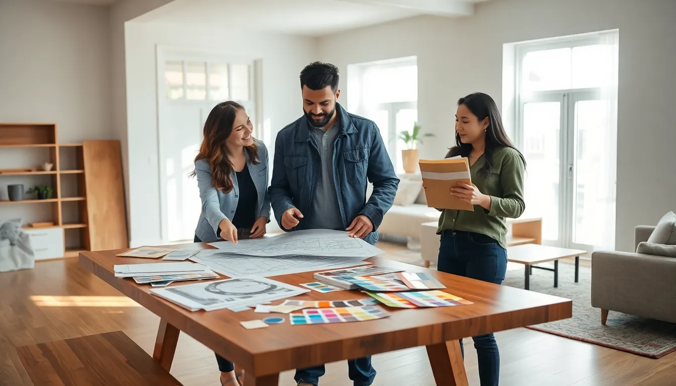 diverse team discussing home renovation plans at a modern workspace.