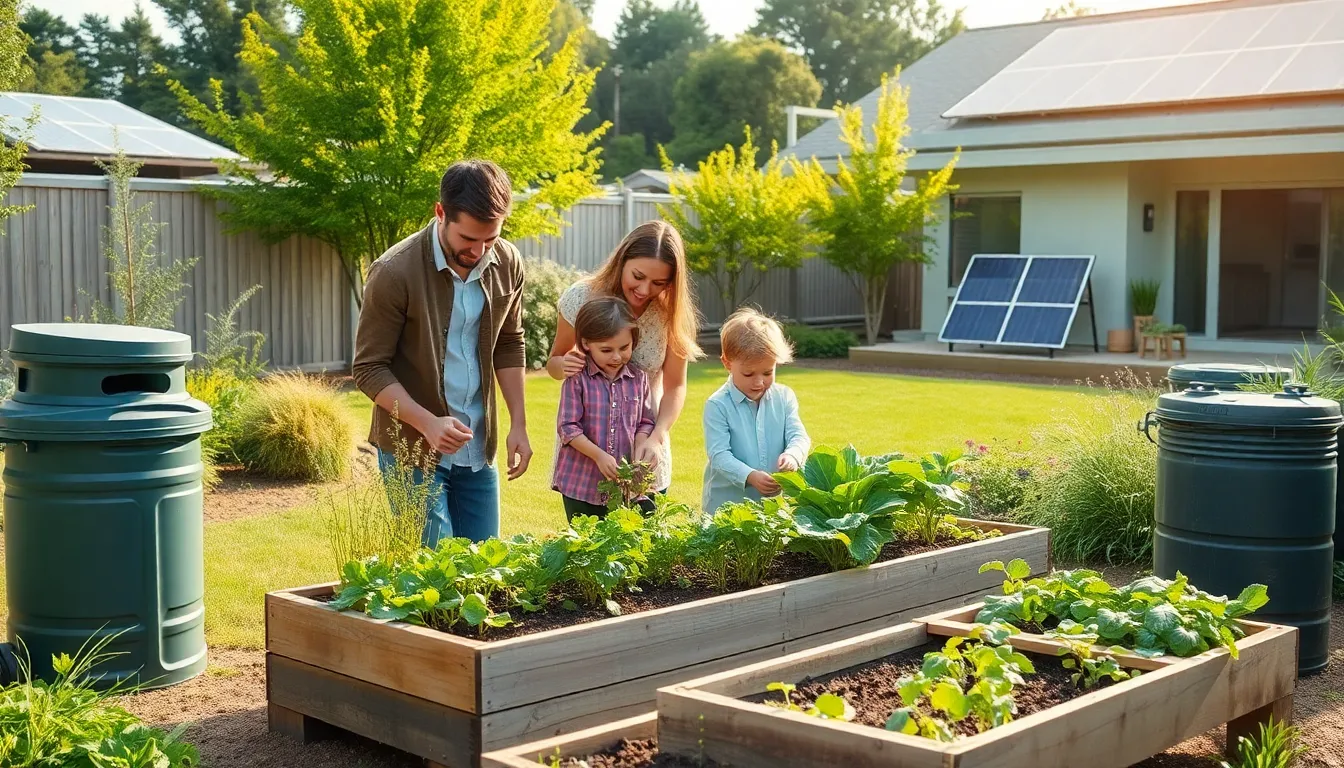 family practicing sustainable living in a garden.