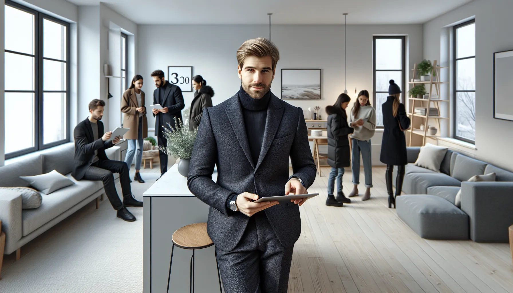 Hva er de viktigste trendene i det norske boligmarkedet i 2025? 3 Crowded stavanger apartment viewing with agent, city and fjord visible outside.