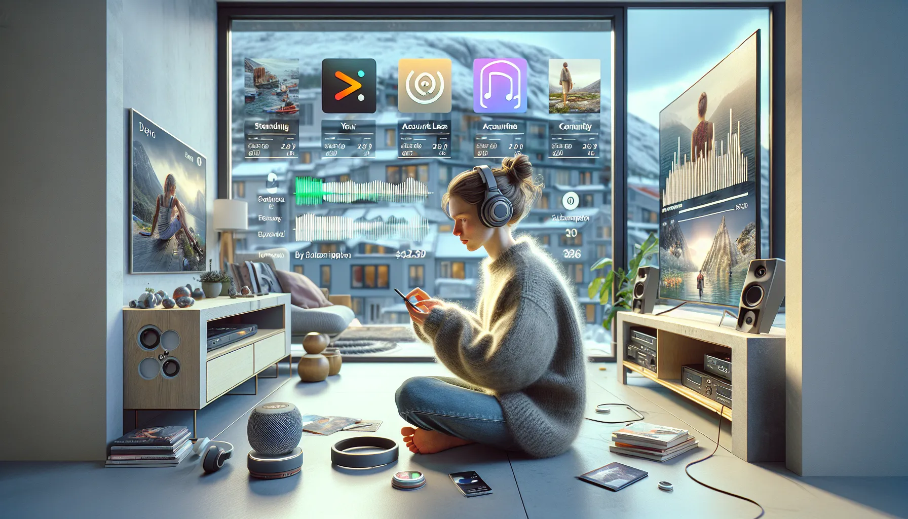 Norwegian young adult comparing music streaming apps on laptop with hi‑fi headphones.