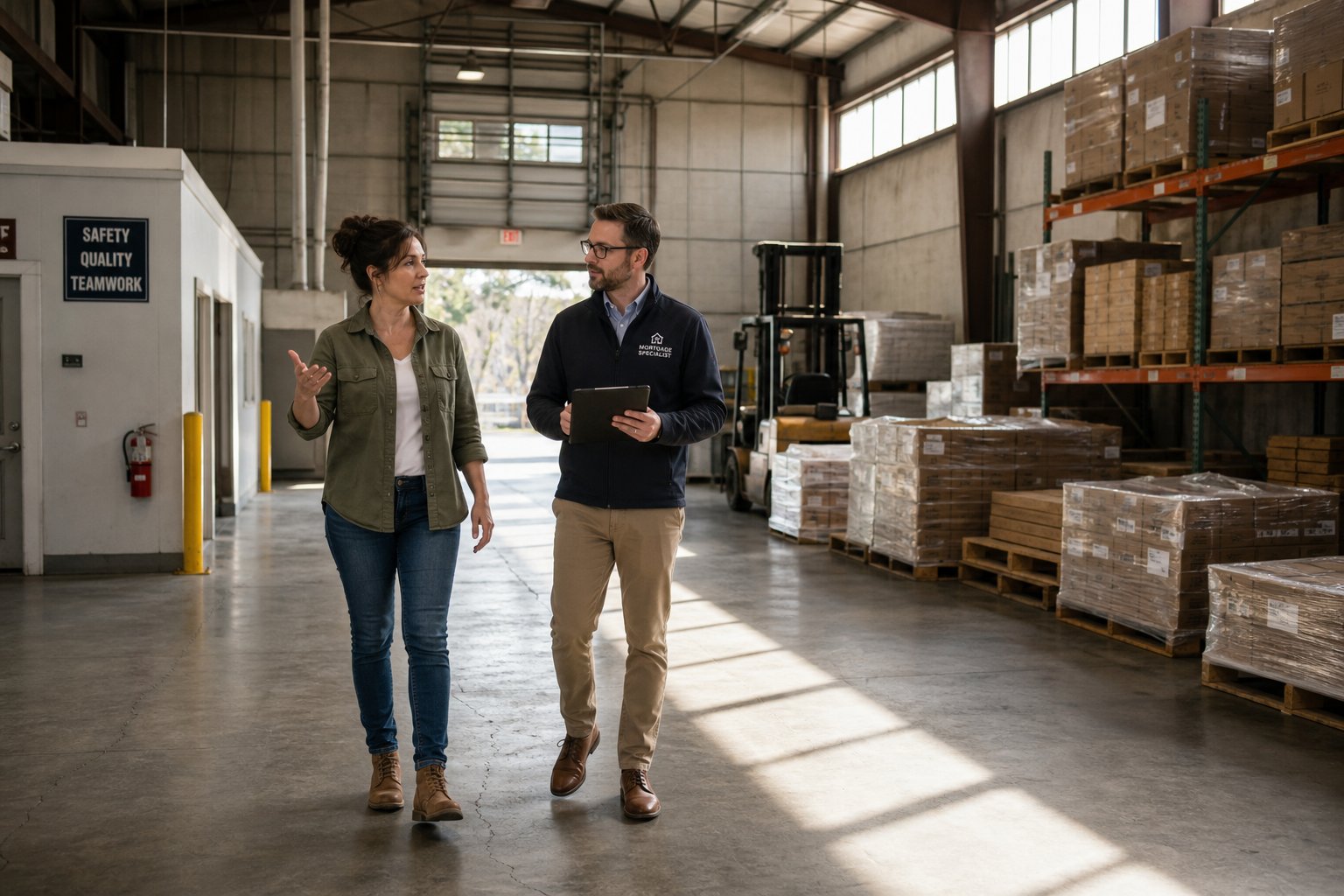 Mortgage specialist touring a warehouse with a business owner in natural light.