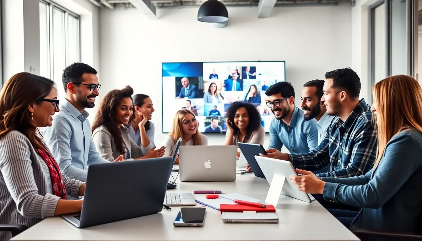 diverse creative team collaborating in a modern digital workspace.
