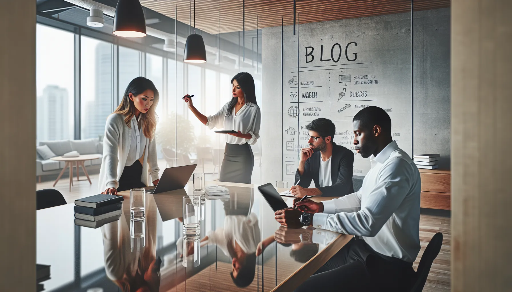 diverse team brainstorming blog purposes in a modern office.