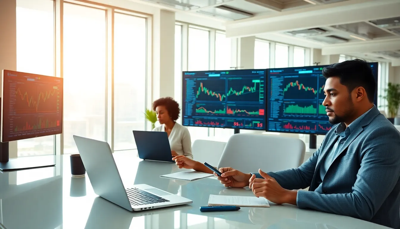 diverse team analyzing trading options in a modern office.