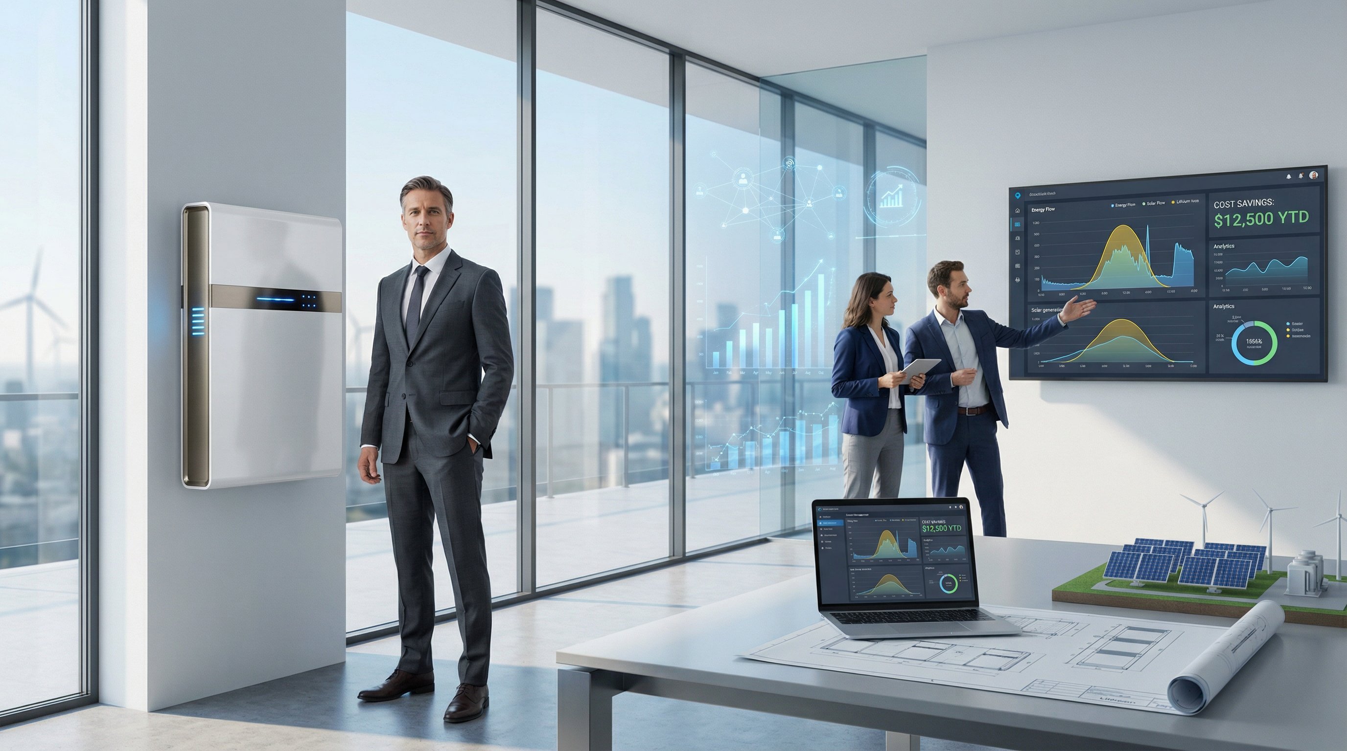 Executive beside modern battery storage system in bright corporate office setting.