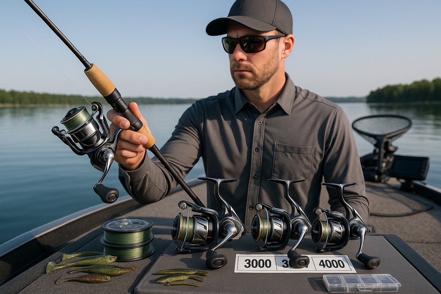 Bass angler comparing spinning reel sizes on a boat deck.