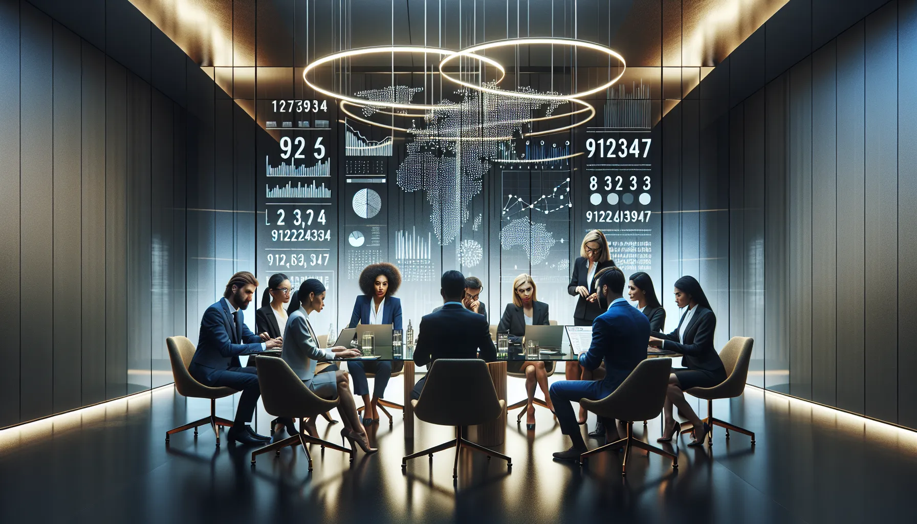 diverse professionals discussing the significance of a number in a modern office.