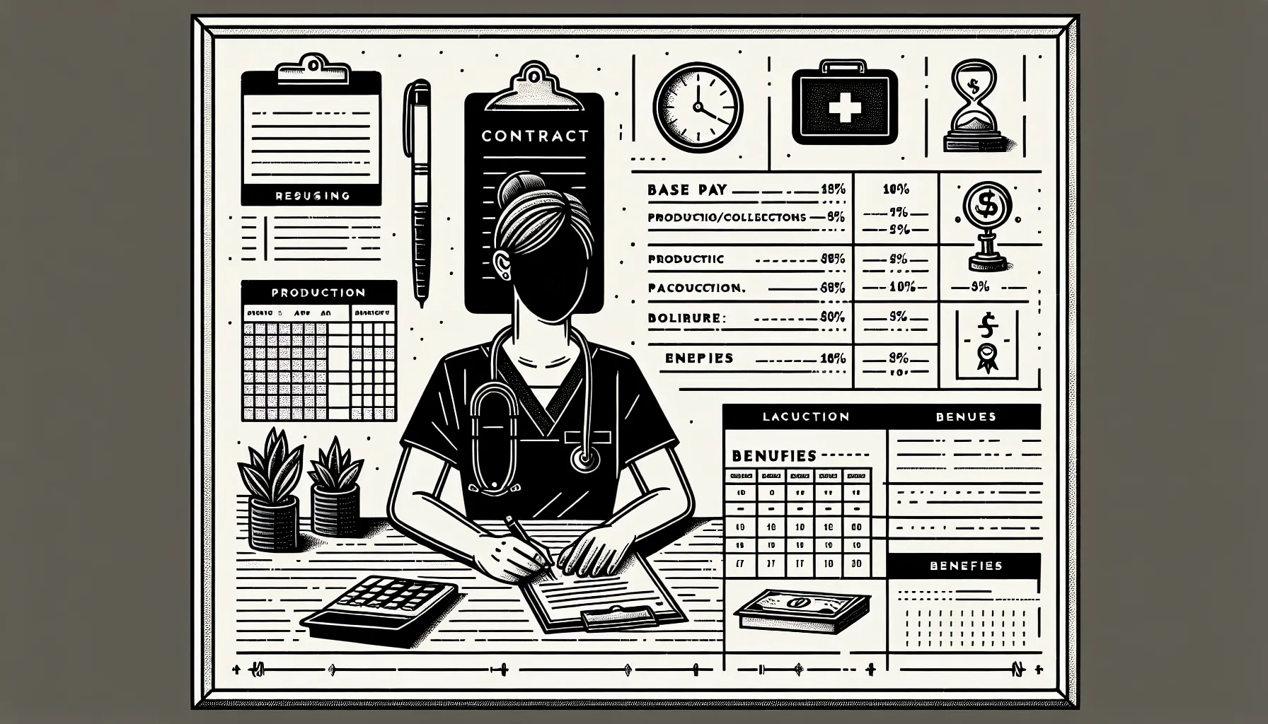 Veterinarian at desk reviewing a contract with compensation icons and Minnesota outline.