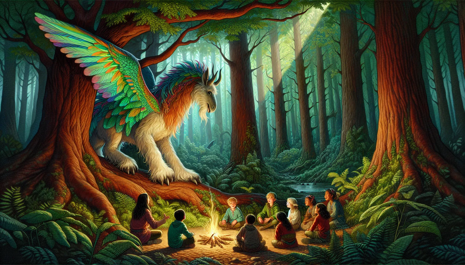 Cancasaur guarding a grove, with children sharing stories around a campfire.