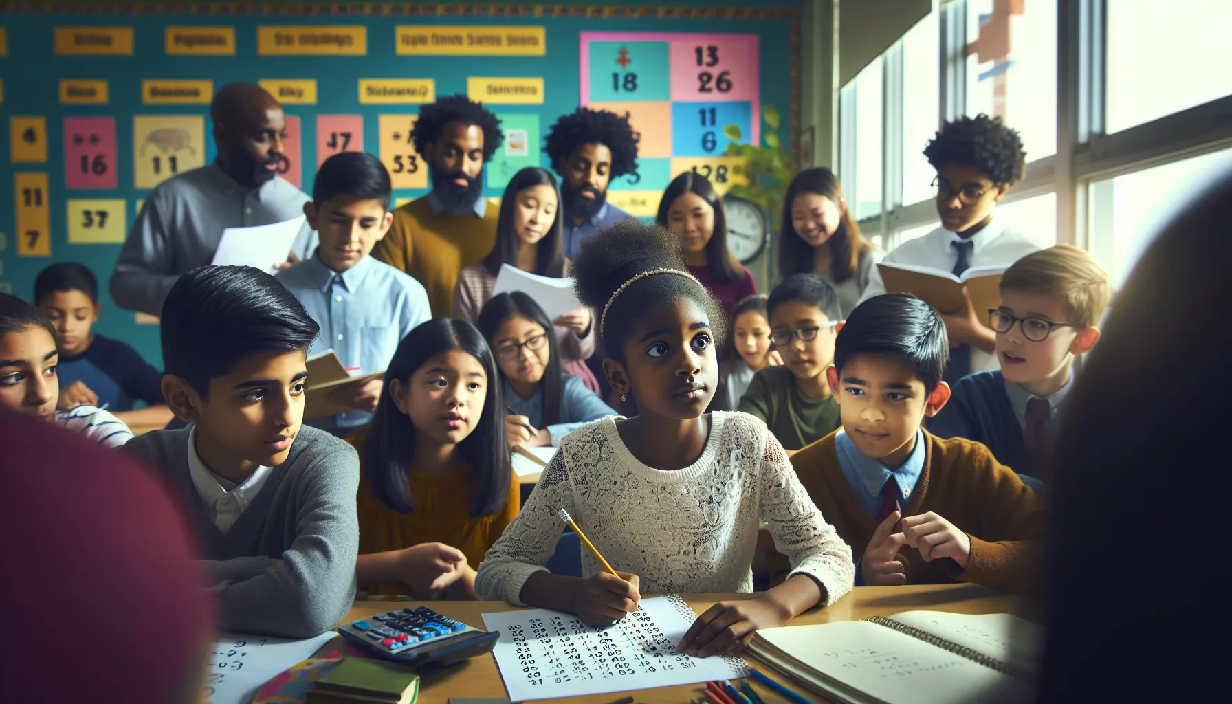 diverse students in a classroom struggling with math concepts.