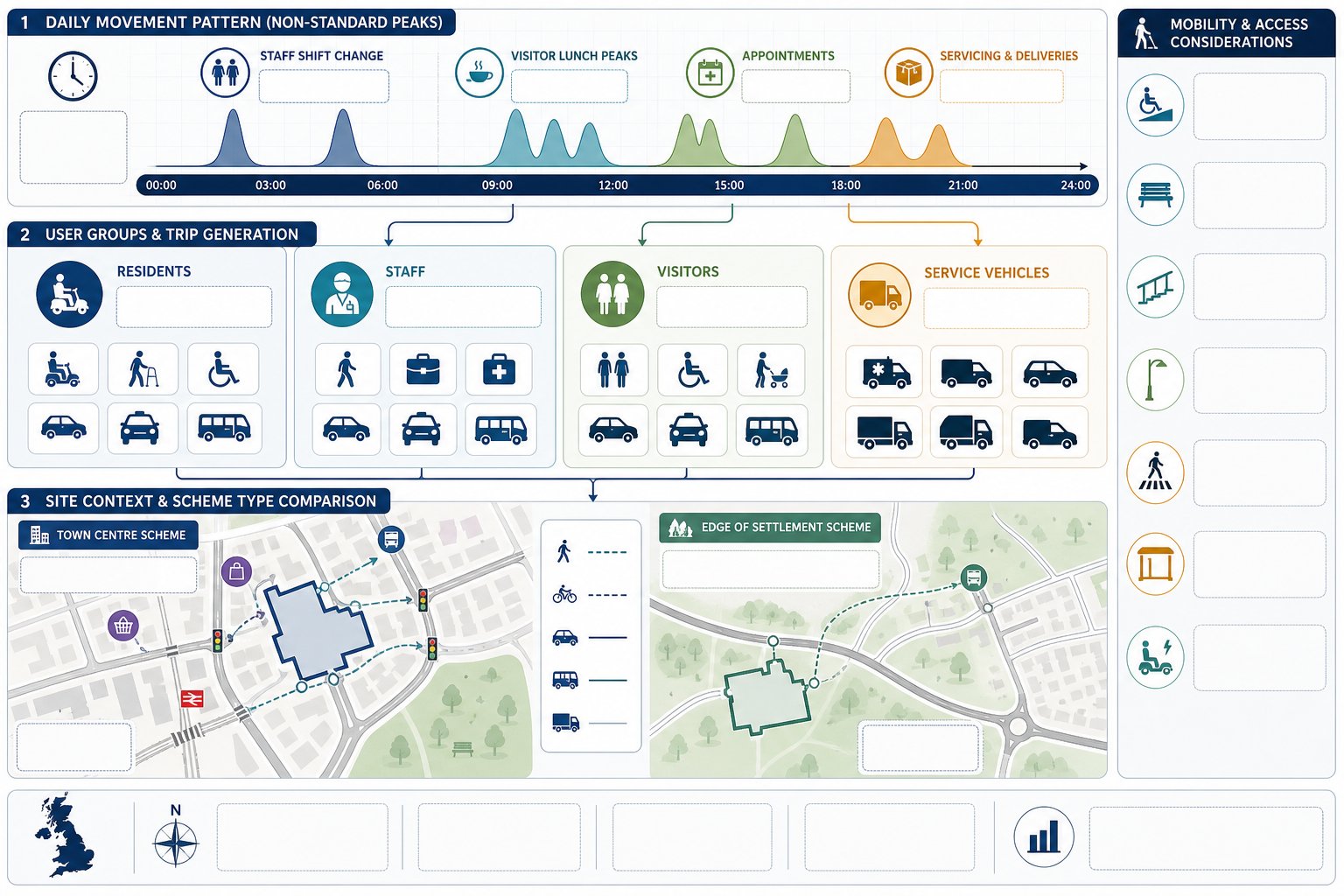 Infographic showing care housing travel patterns, peak trips, users, and site access factors.