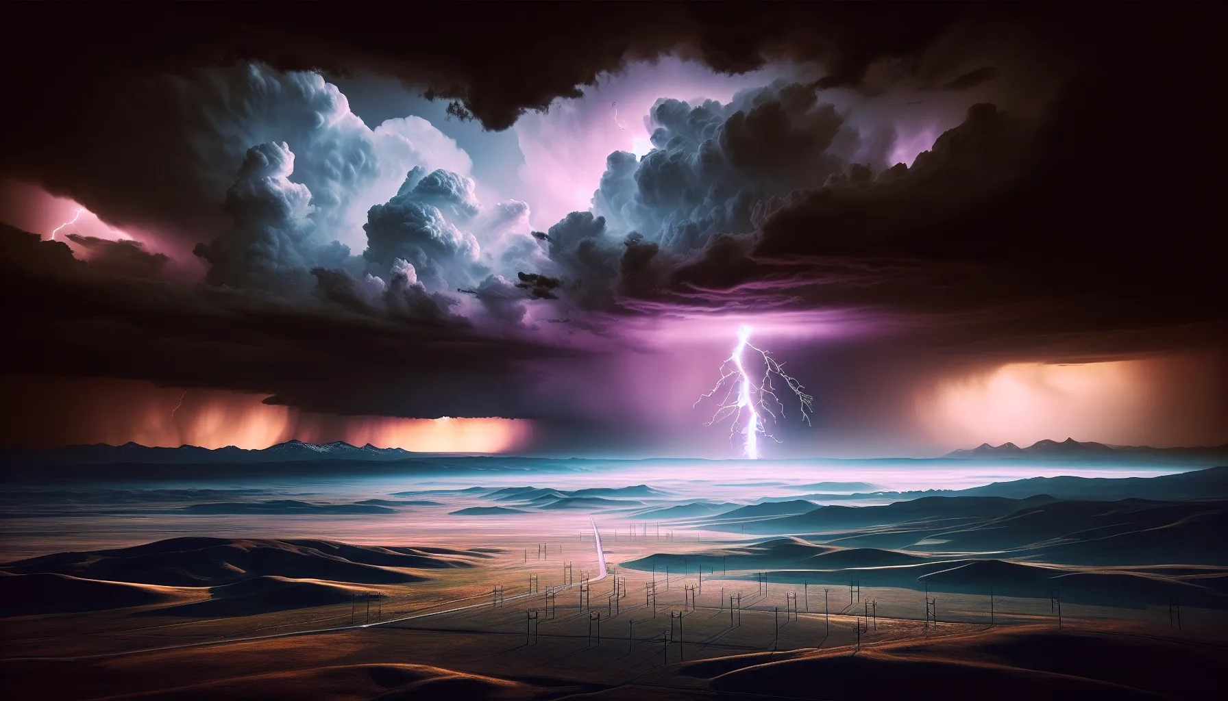 A lightning bolt striking during a distant thunderstorm over an American plain.
