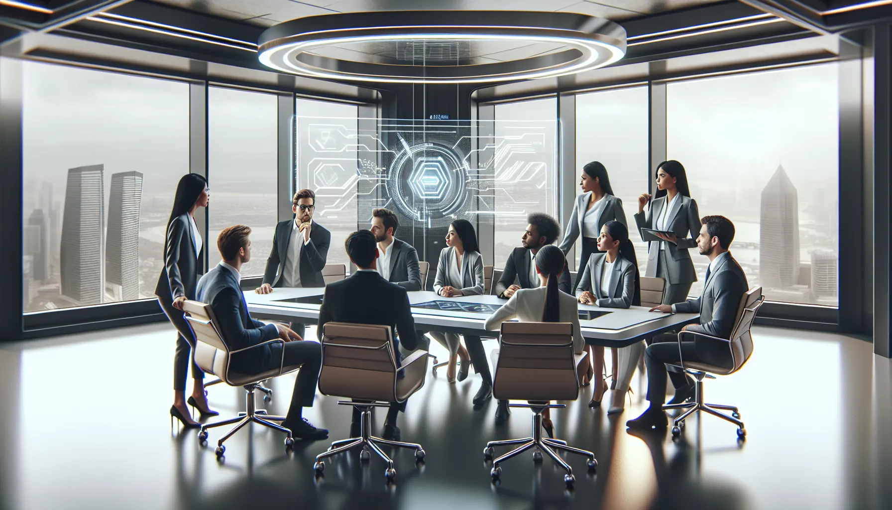 diverse team discussing future trends in a modern conference room.