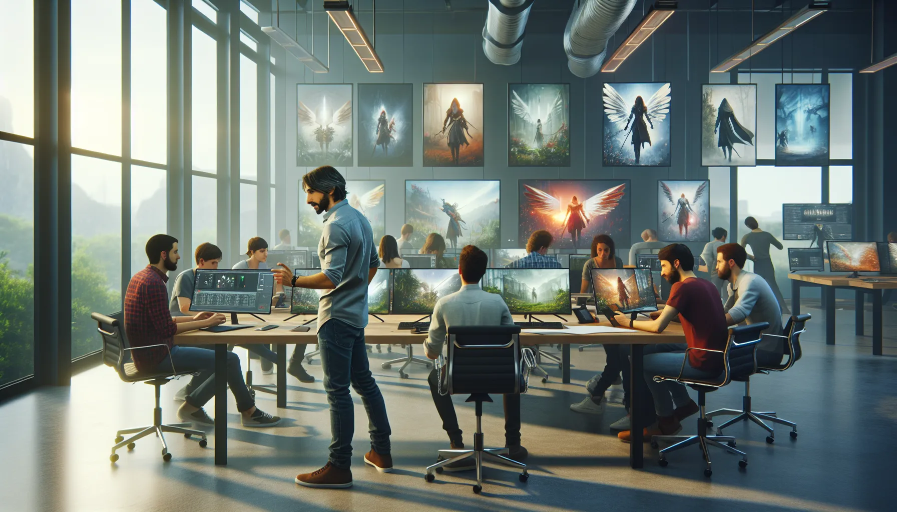 Gregory Legere collaborating with his diverse game development team in a modern studio.