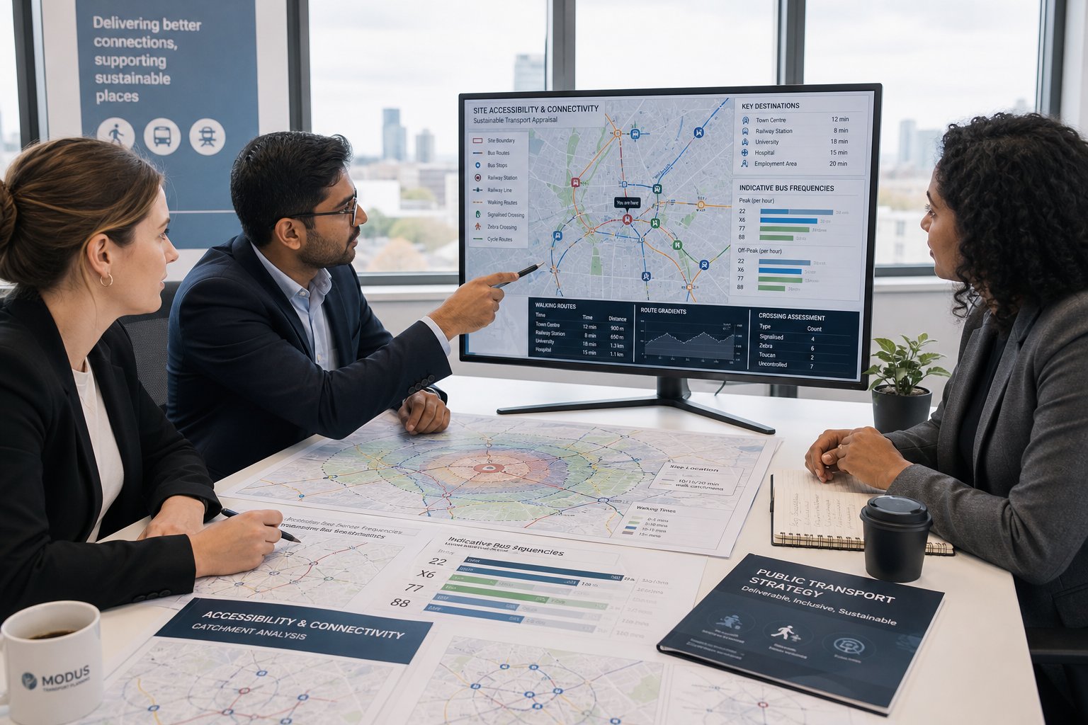 Transport consultants reviewing UK public transport maps and service analysis in office.