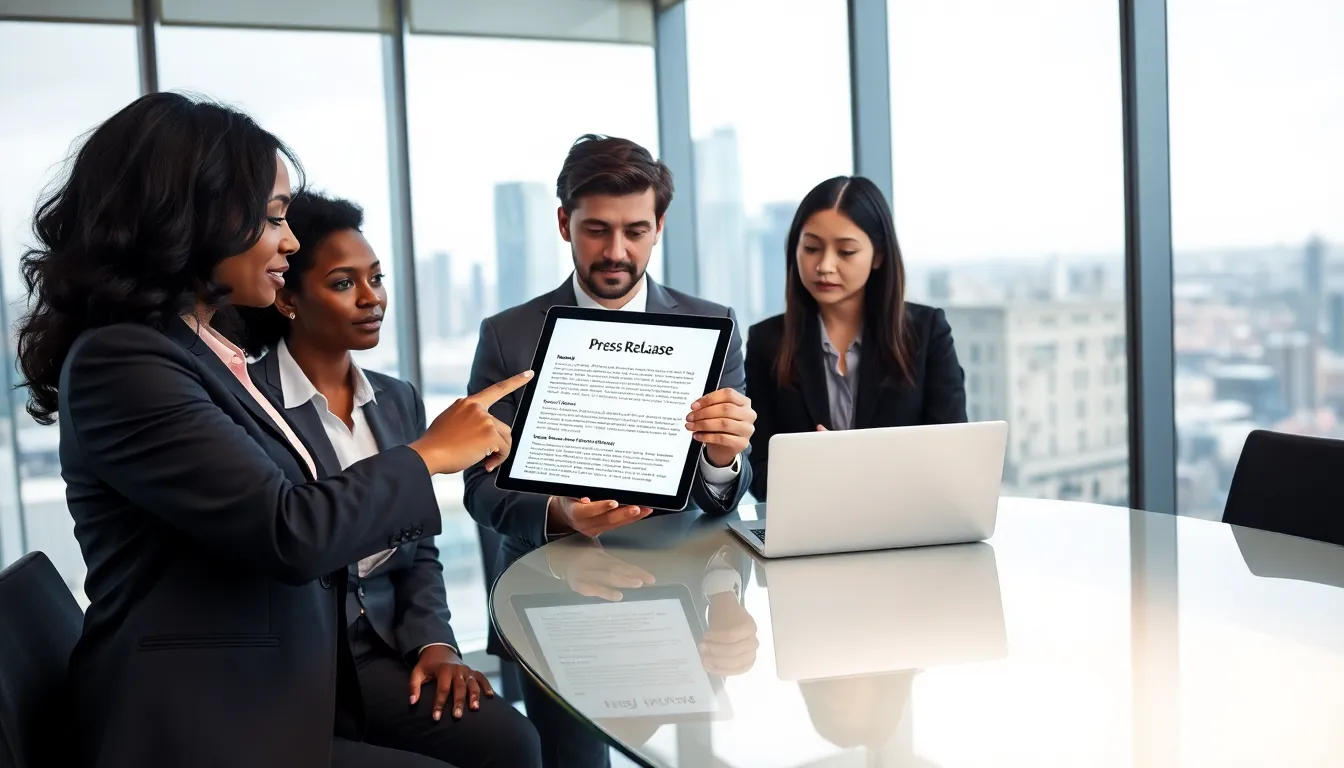 diverse team discussing a press release in a modern office setting.