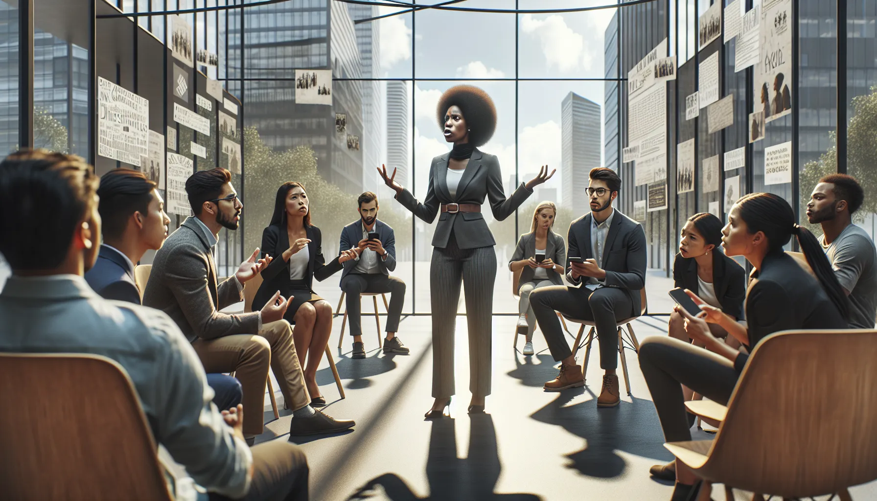 diverse group of activists discussing social justice in an urban setting.