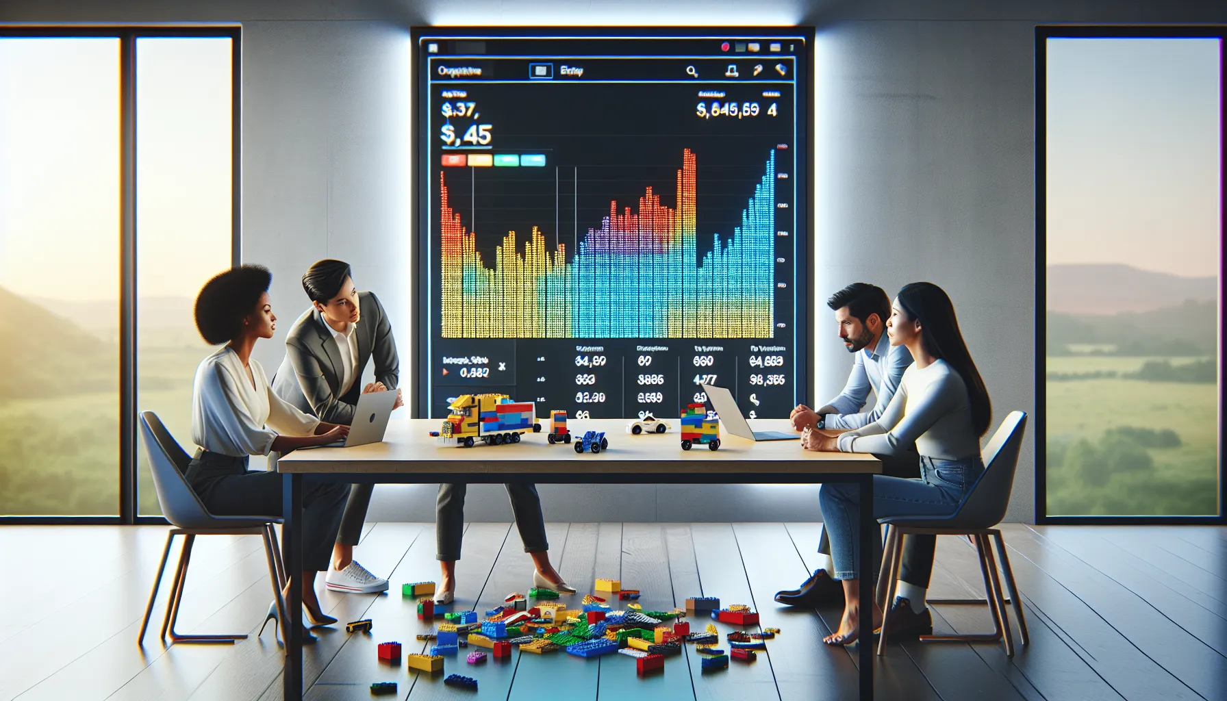 professionals using a Lego price calculator in a modern office.