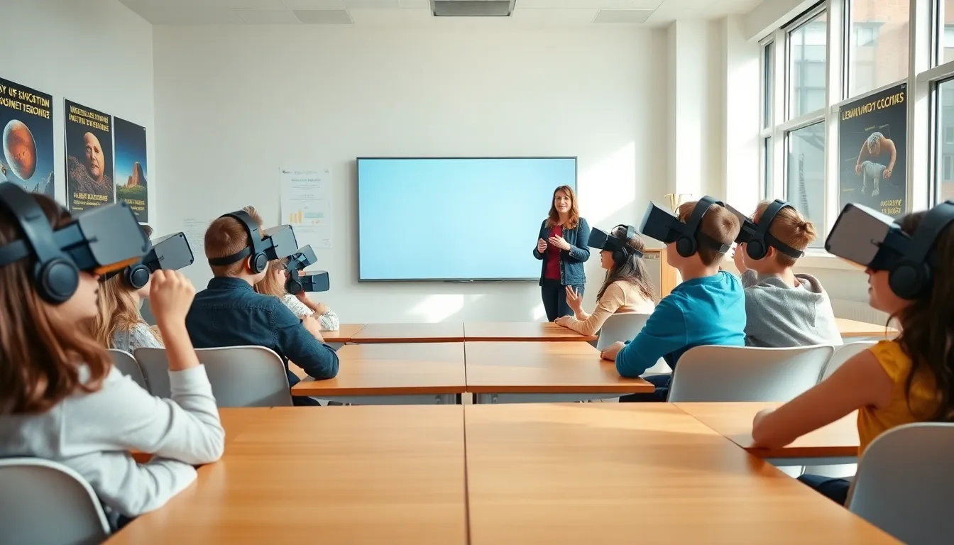 students exploring educational content using VR headsets in a classroom.