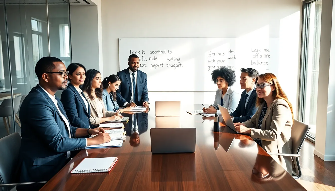 diverse team discussing work-life balance in a modern office.