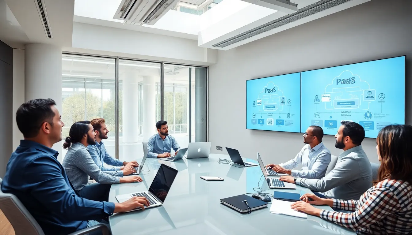 diverse insurance team collaborating on PaaS solutions in a modern office.