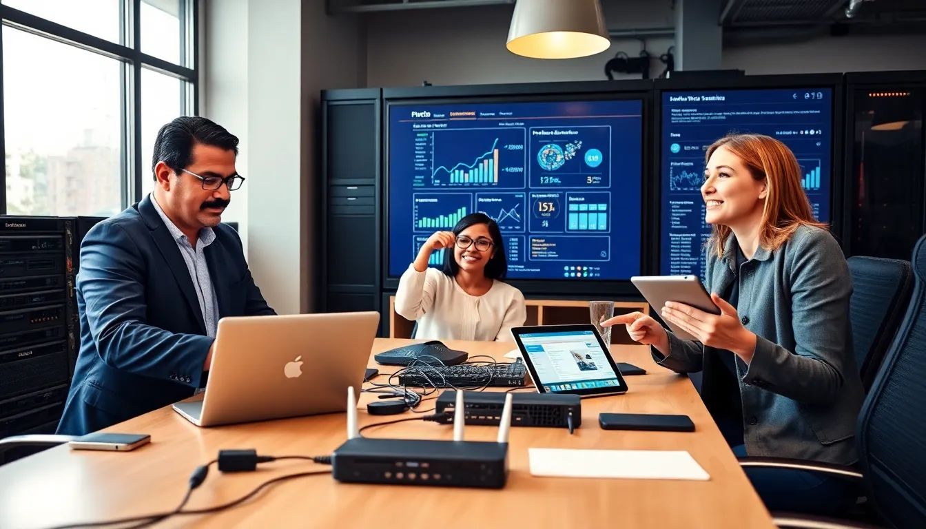 a diverse team collaborating on hardware solutions in a modern office.