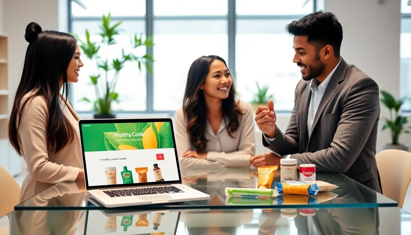 diverse professionals discussing health products with a laptop in a modern office.