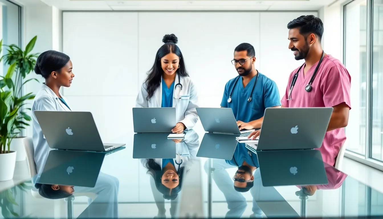diverse healthcare professionals collaborating with technology in a modern office.