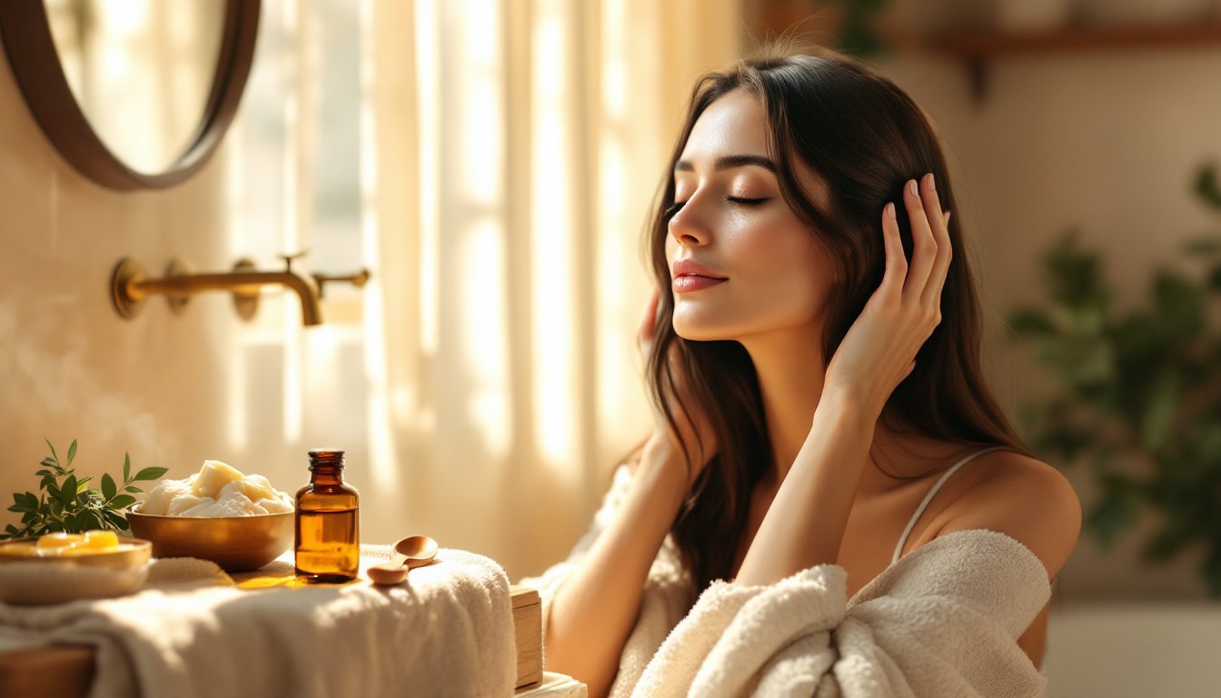 A woman gently massaging warm coconut oil into her scalp during a calming self-care ritual.