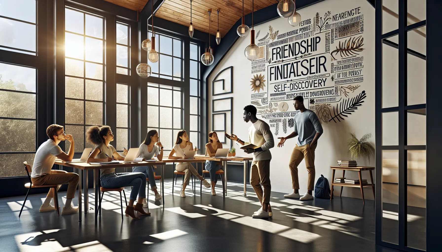 diverse students discussing themes in a modern classroom setting.