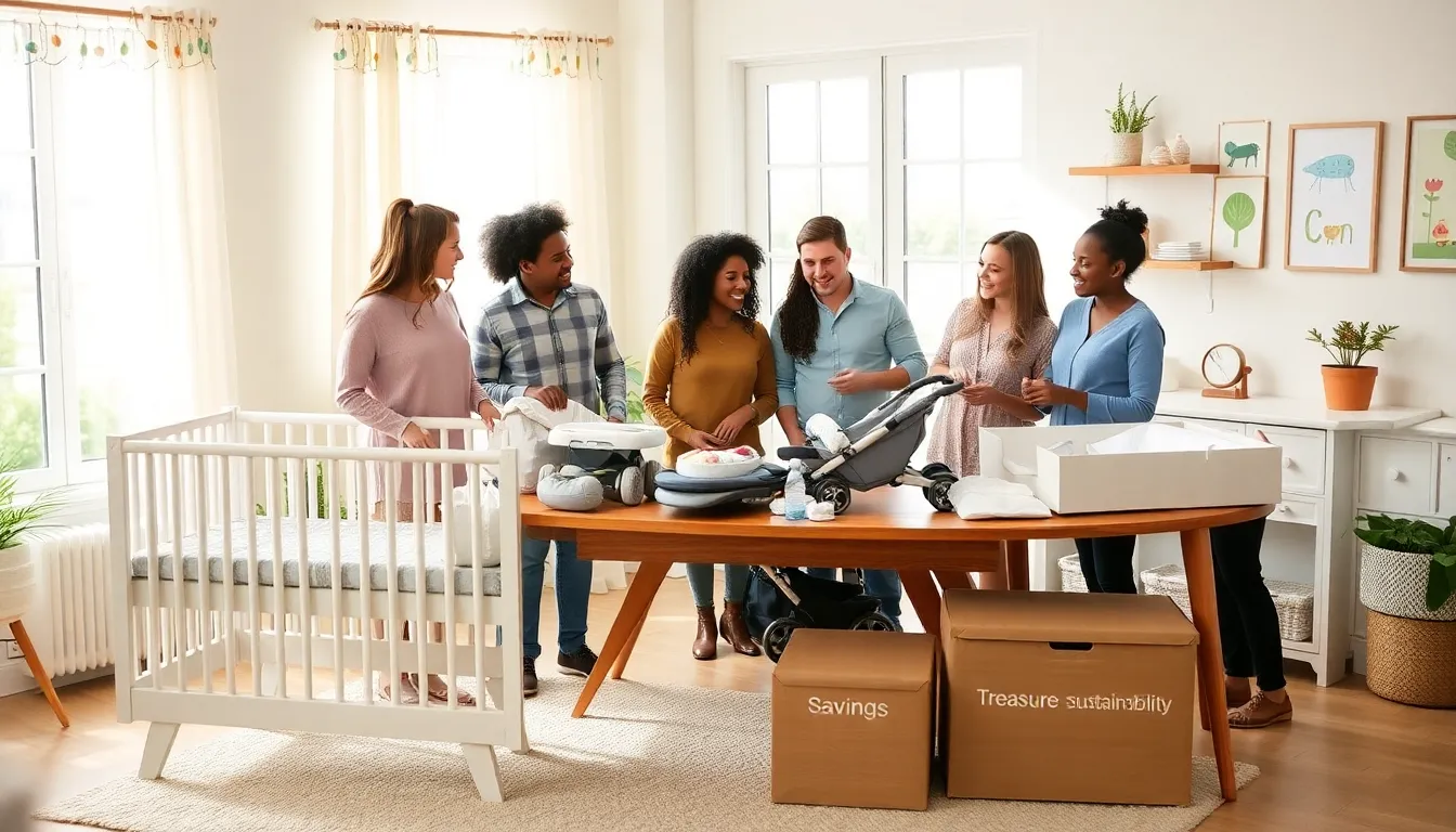 parents discussing secondhand baby gear in a bright nursery setting.