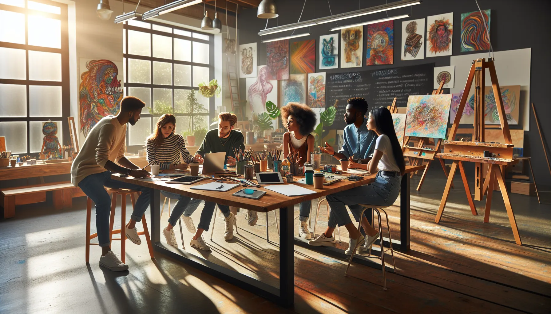 diverse artists collaborating in a modern art studio.