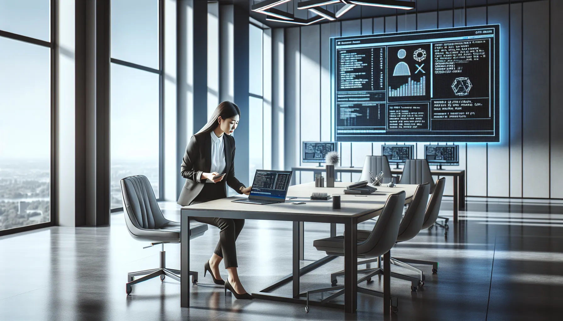 professional troubleshooting a computer error code in a modern office.