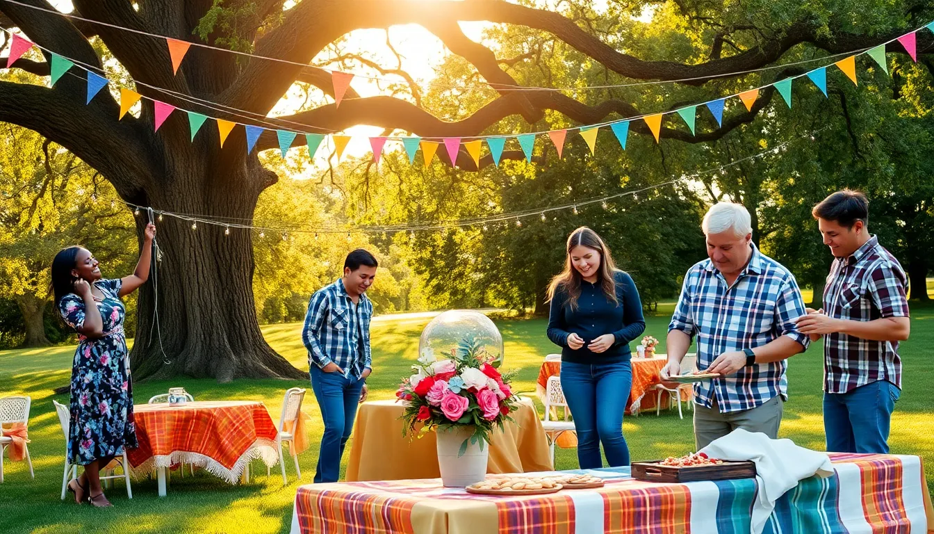 A diverse group setting up a budget-friendly outdoor event in a park.