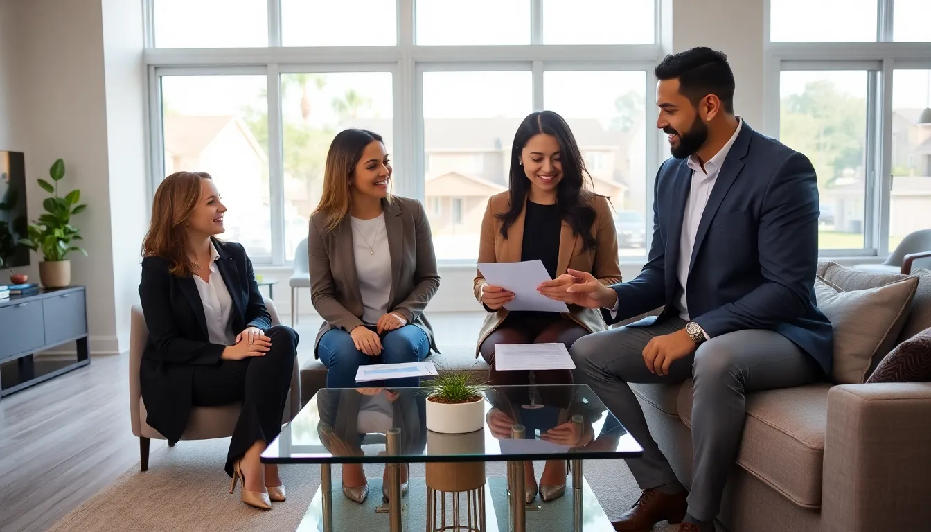 diverse group discussing income-based housing in a modern apartment.
